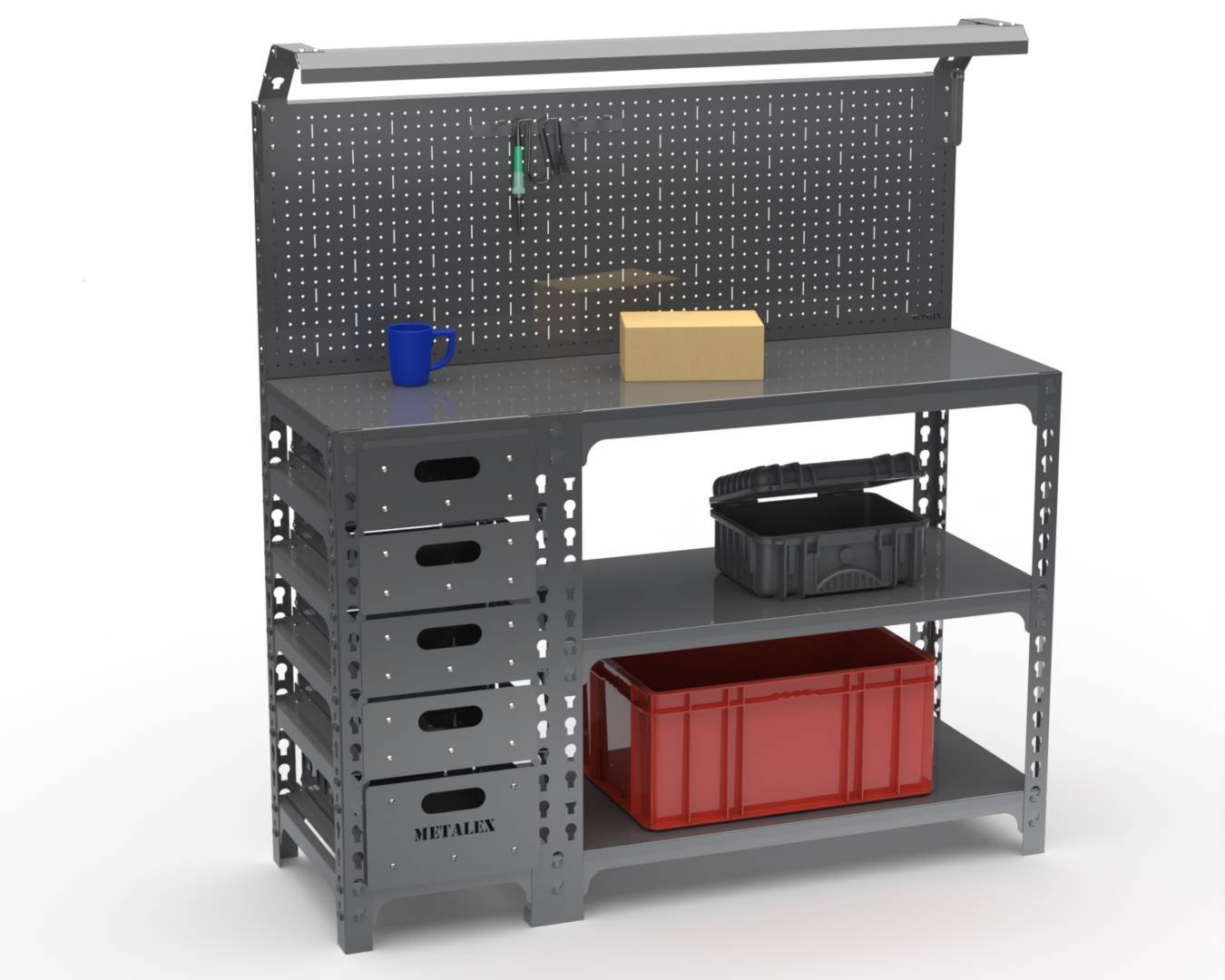 Верстак Metalex  серия SUN 950х1600х600 (с бок. тумбой, 1-ой панелью и комплектом освещения) серый