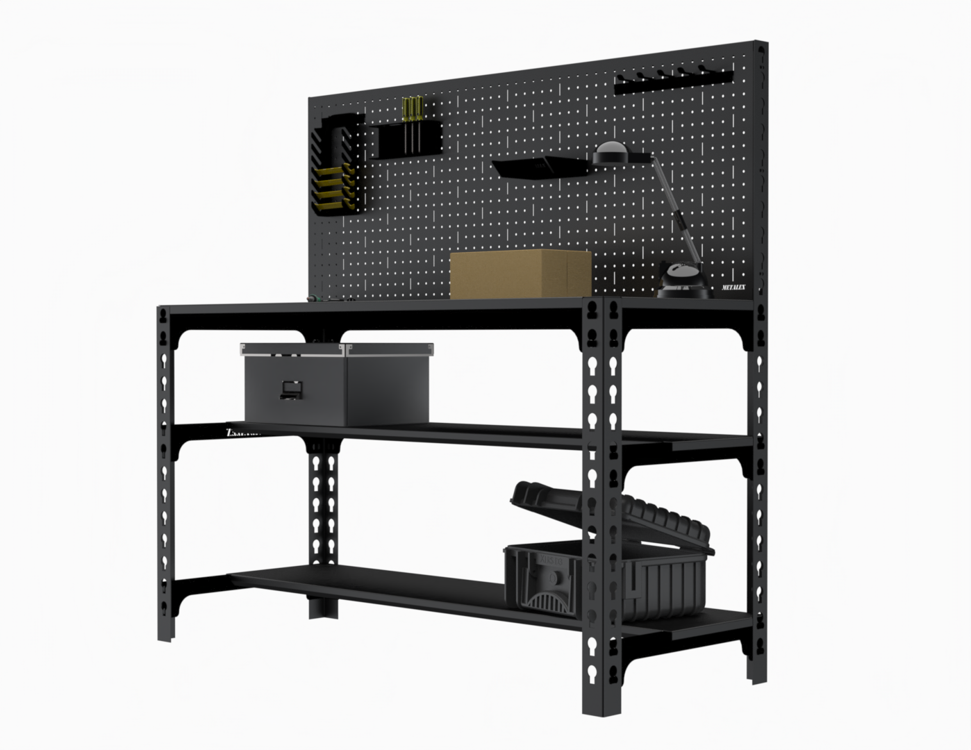 Стол металлический Metalex 750х1500х600 + две полки + перфопанель с комплектом аксессуаров (чёрный)