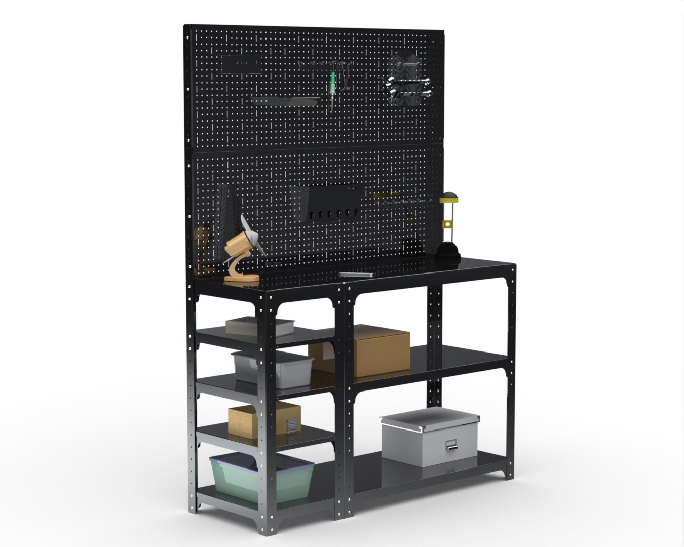 Стол-верстак Metalex серия KIT 950х1800х600 (с бок. полками, двумя перфопанелями и комп. аксессуаров) (черный)