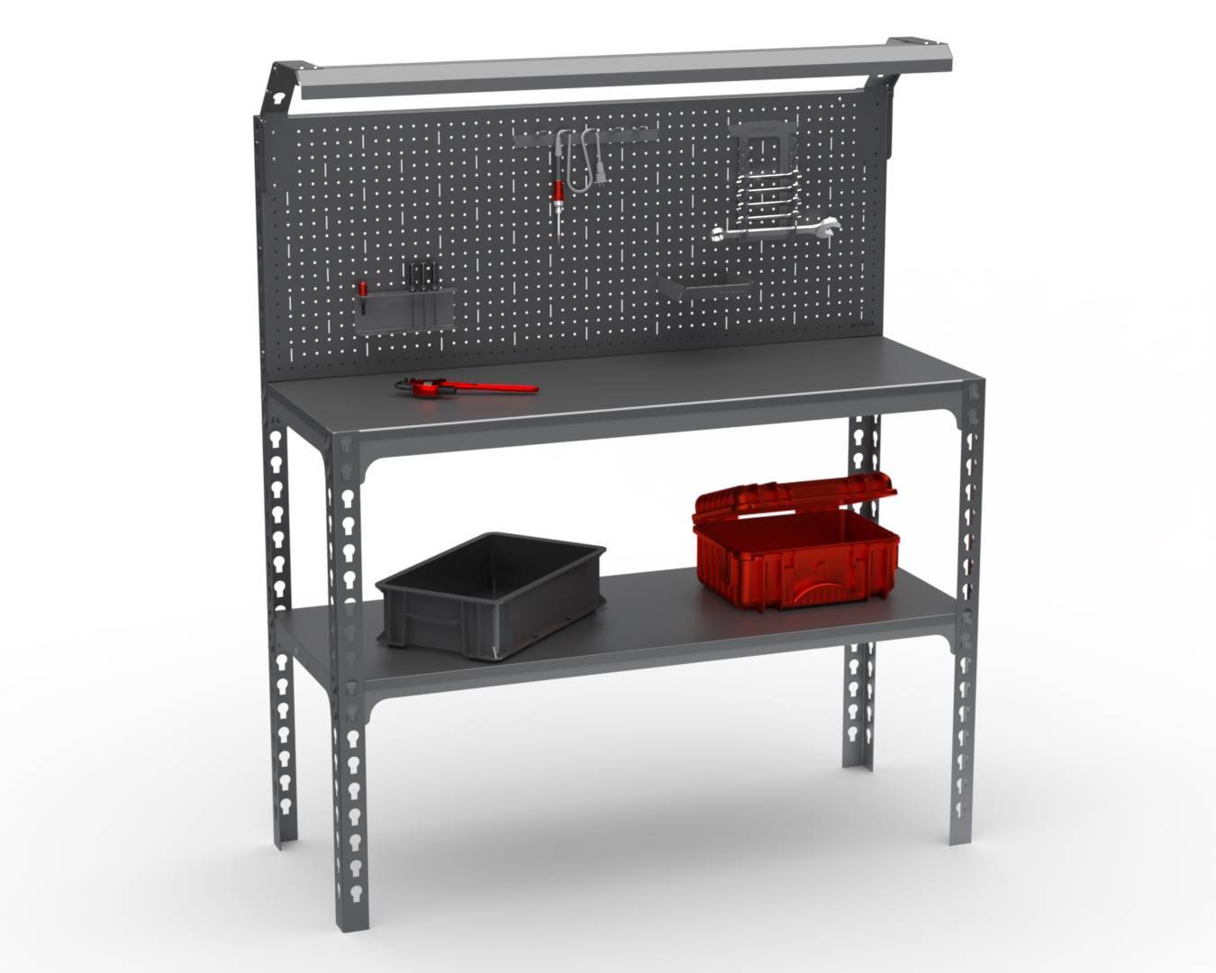 Верстак Metalex серия SUN 950х1800х600 (одна полка + перфопанель с комплектом освещения) серый