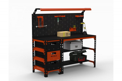 Стол металлический Metalex серия SUN 750х1600х600 (с выдвижными ящиками, перфопанелью и комплектом освещения) чёрный