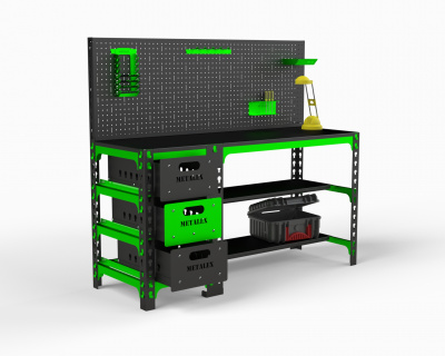 Стол металлический Metalex 750х1600х600 с выдвижными ящиками и перфопанелью (чёрный)